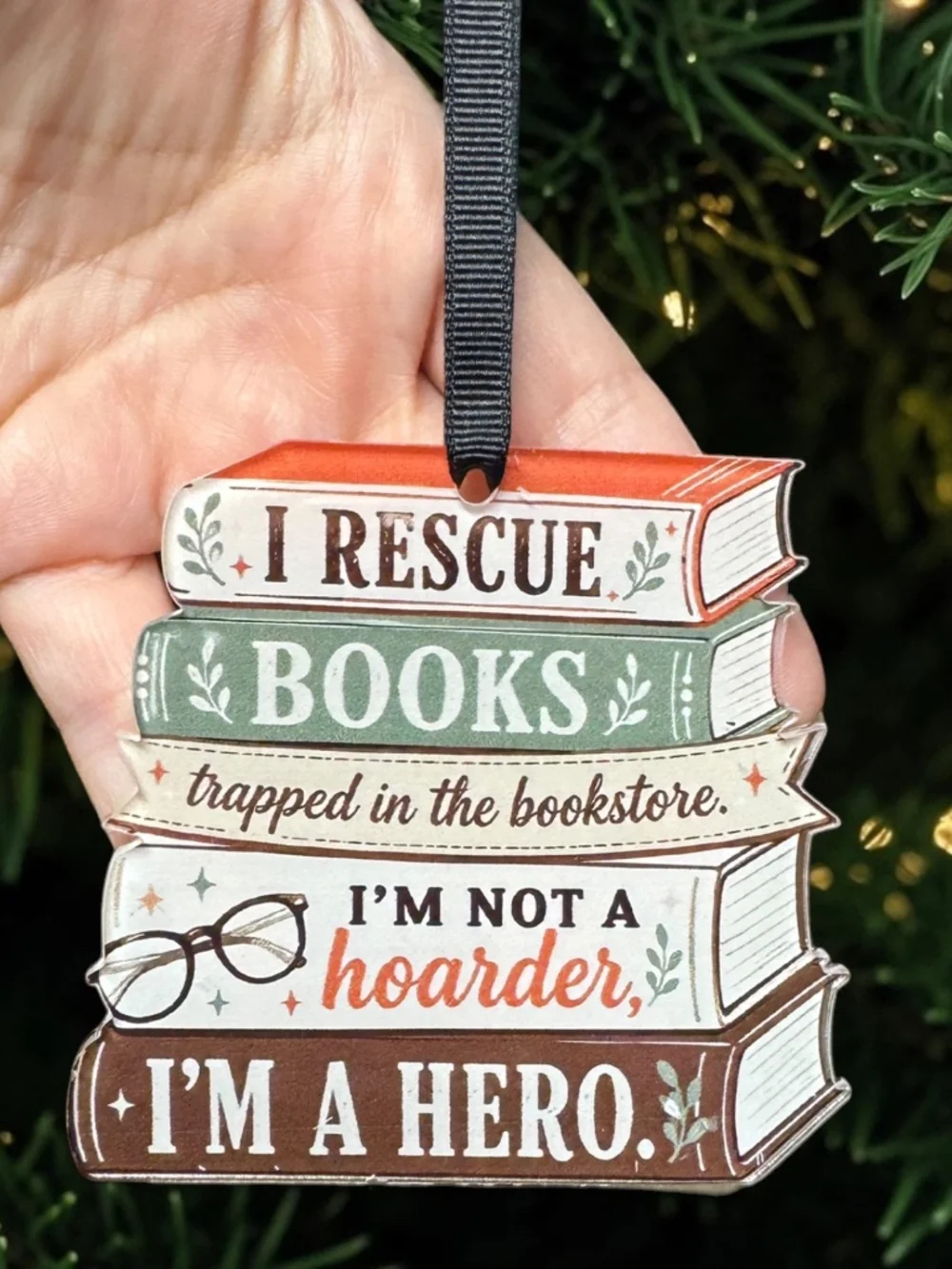 Book Lover Christmas Ornament Book Stack Bookish Reader Bibliophile Acrylic